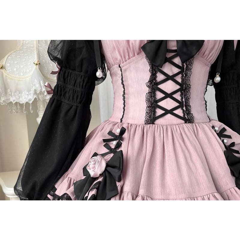 Lolita Long-Sleeve Lace-Up Waist Tiered A-Line Dress