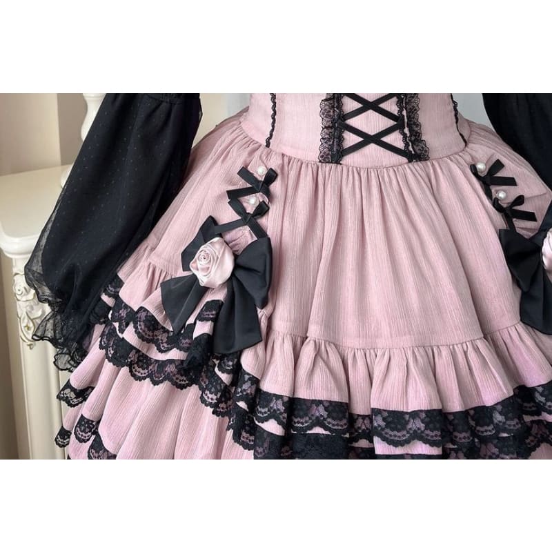 Lolita Long-Sleeve Lace-Up Waist Tiered A-Line Dress