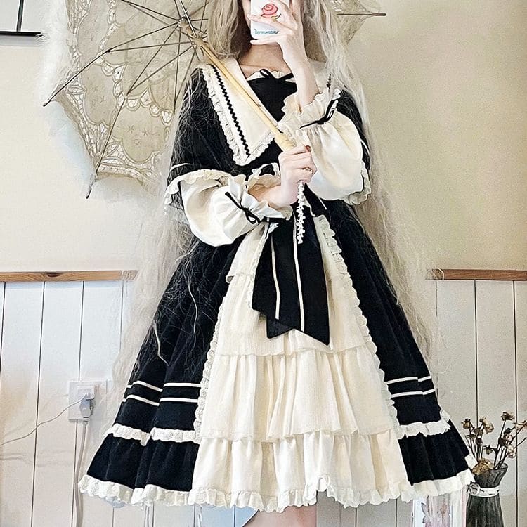 Lolita Long-Sleeve Mock Two-Piece Lace Trim A-Line Dress