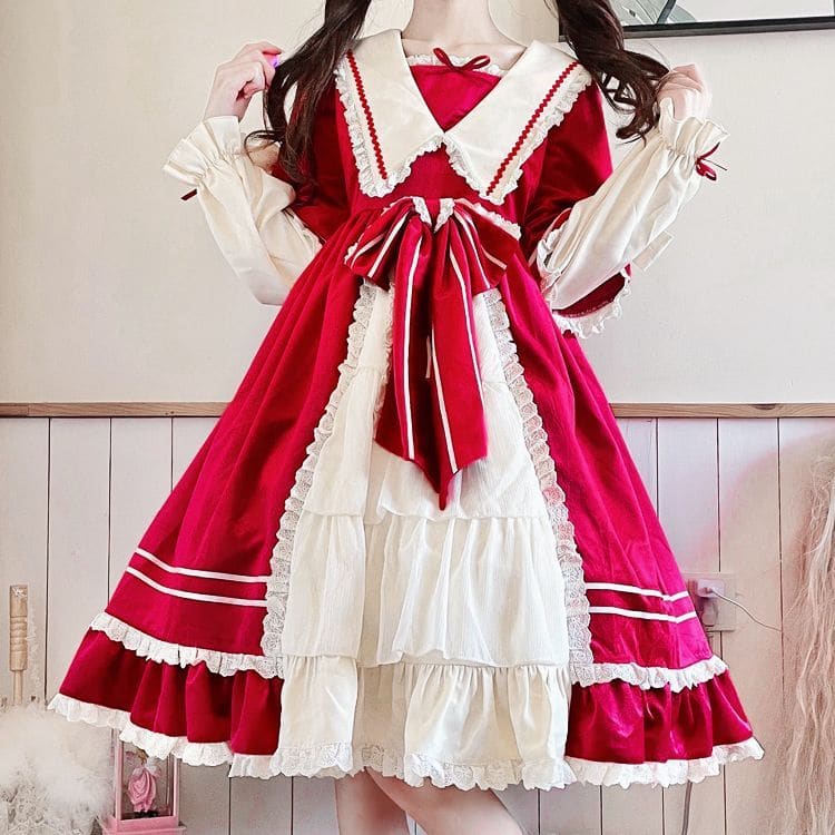 Lolita Long-Sleeve Mock Two-Piece Lace Trim A-Line Dress