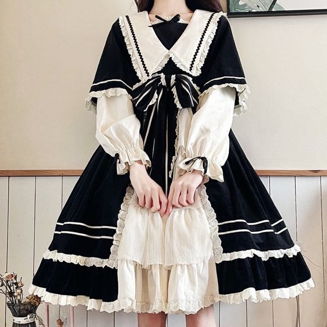 Lolita Long-Sleeve Mock Two-Piece Lace Trim A-Line Dress