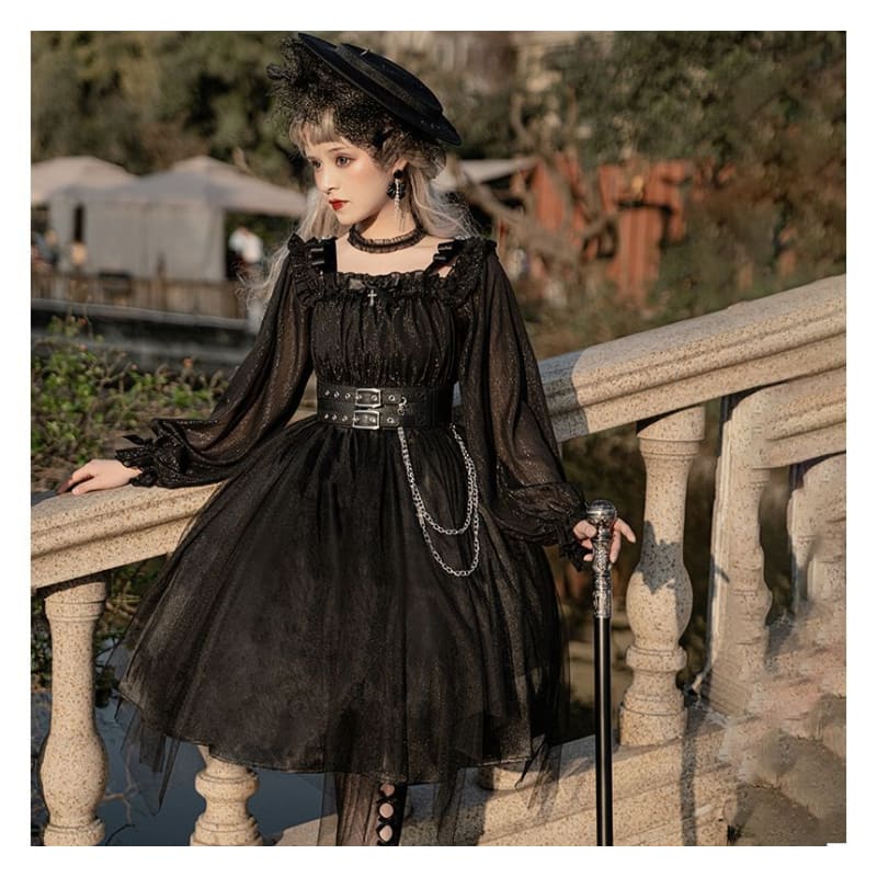 Lolita Long-Sleeve Off Shoulder Top / High Waist A-Line