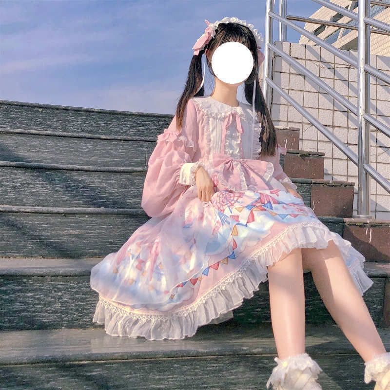 Lolita Long-Sleeve Printed A-Line Dress / Headband / Set