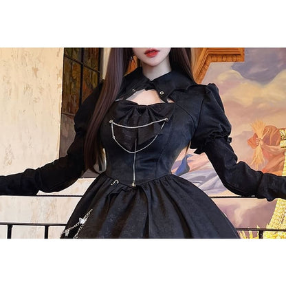 Lolita Puff Sleeve Collared Plain Cutout Ruffle Lace Up