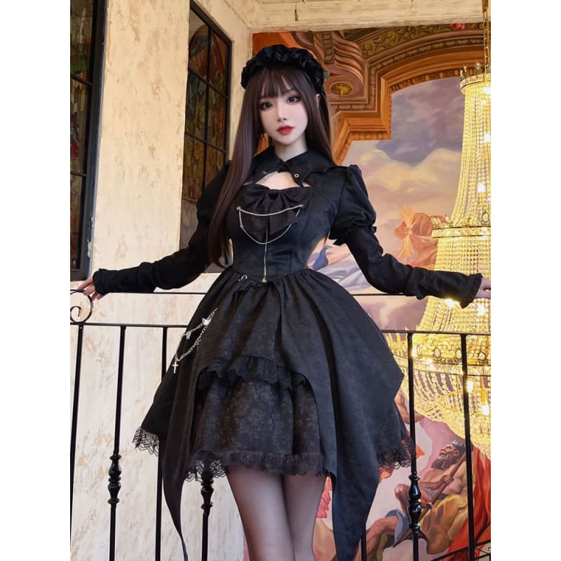 Lolita Puff Sleeve Collared Plain Cutout Ruffle Lace Up