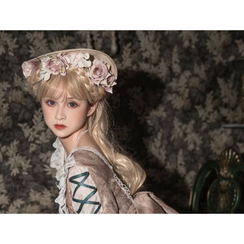 Lolita Puff-Sleeve Deer Print Lace Trim Bow Midi A-Line