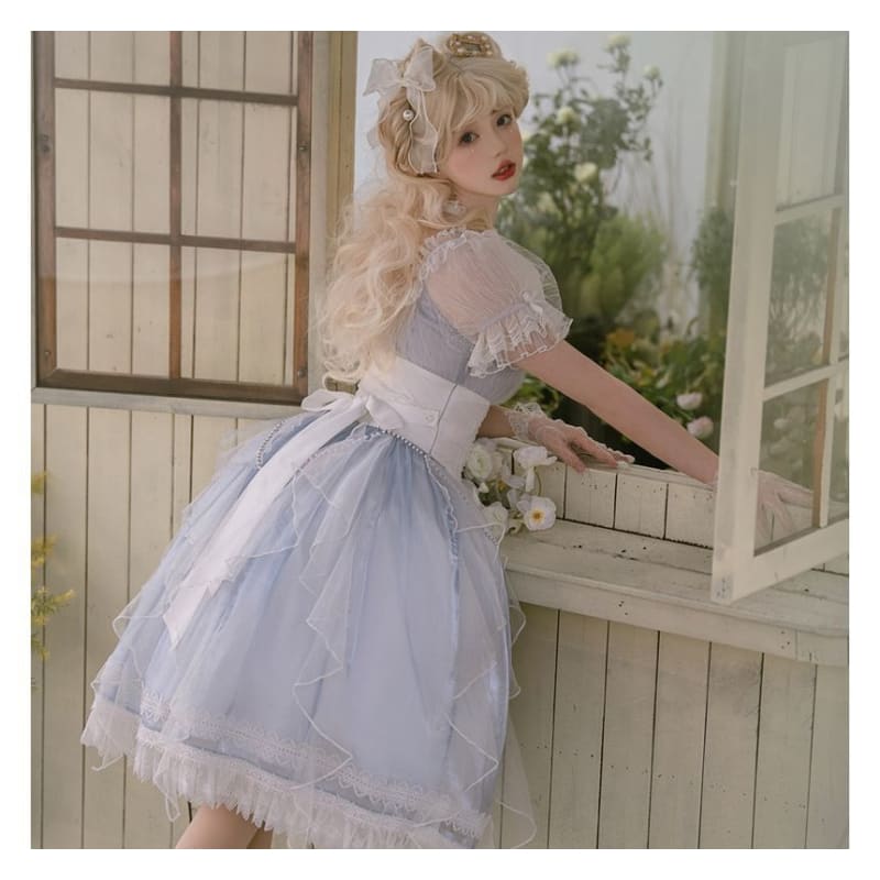 Lolita Puff-Sleeve Plain Lace Trim Midi A-Line Dress