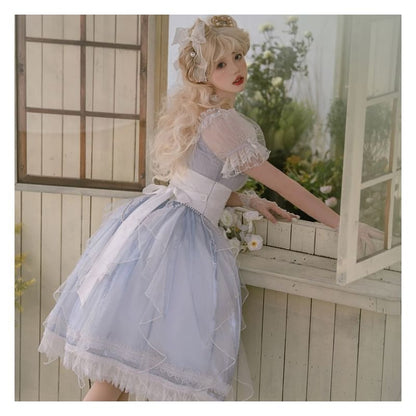 Lolita Puff-Sleeve Plain Lace Trim Midi A-Line Dress