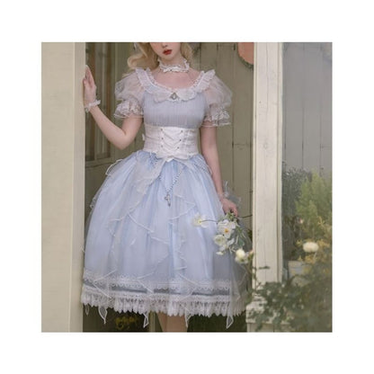 Lolita Puff-Sleeve Plain Lace Trim Midi A-Line Dress