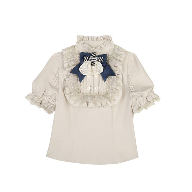 Lolita Puff-Sleeve Plain Lace Trim Ruffle Shirt / Bow Belt