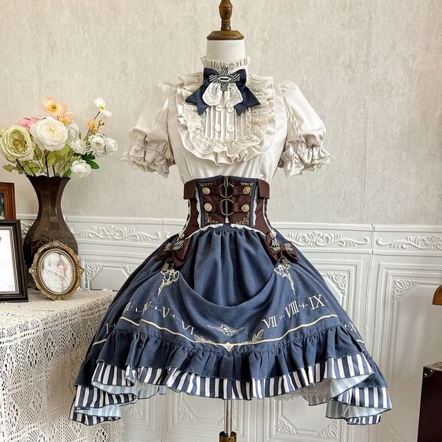 Lolita Puff-Sleeve Plain Lace Trim Ruffle Shirt / Bow Belt