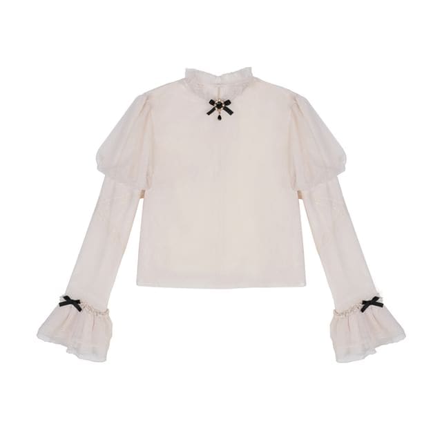 Lolita Puff Sleeve Stand Collar Bow Ruffle Blouse