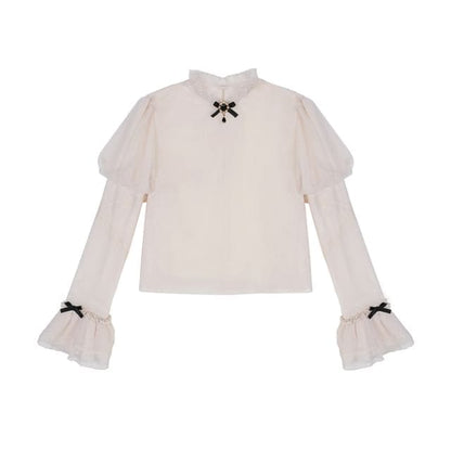 Lolita Puff Sleeve Stand Collar Bow Ruffle Blouse