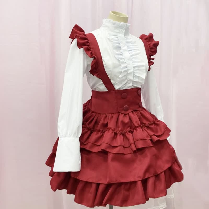 Lolita Red Button Ruffled Shirt Bubble Overalls Skirt Set