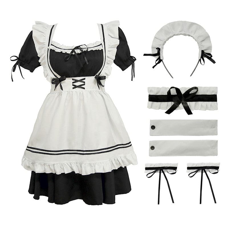 Lolita Seven Piece Ruffled Maid Dress - Black / S