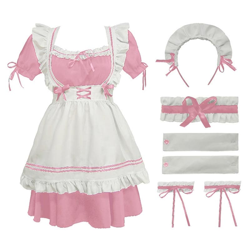 Lolita Seven Piece Ruffled Maid Dress - Pink / S