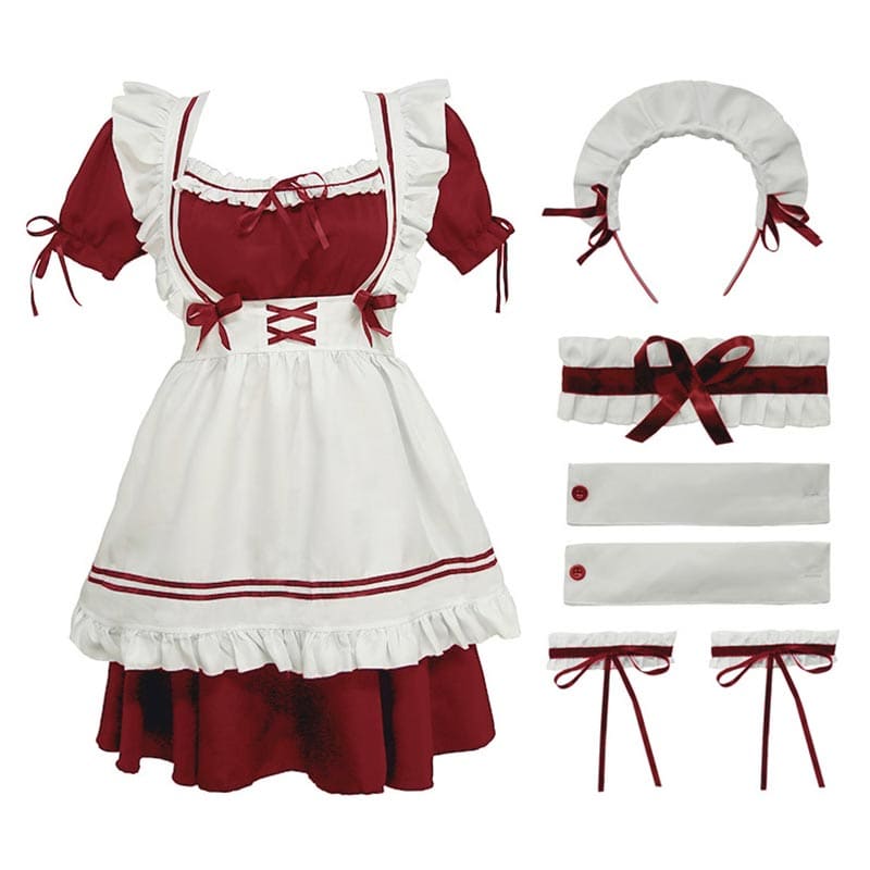 Lolita Seven Piece Ruffled Maid Dress - Red / S