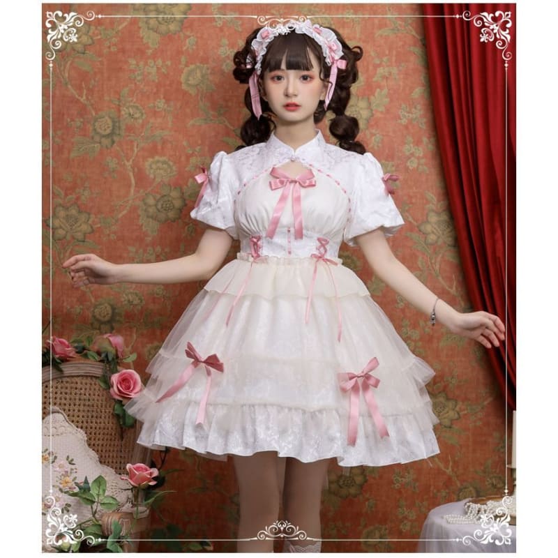 Lolita Short-Sleeve Band Collar Bow Accent Two Tone Lolita