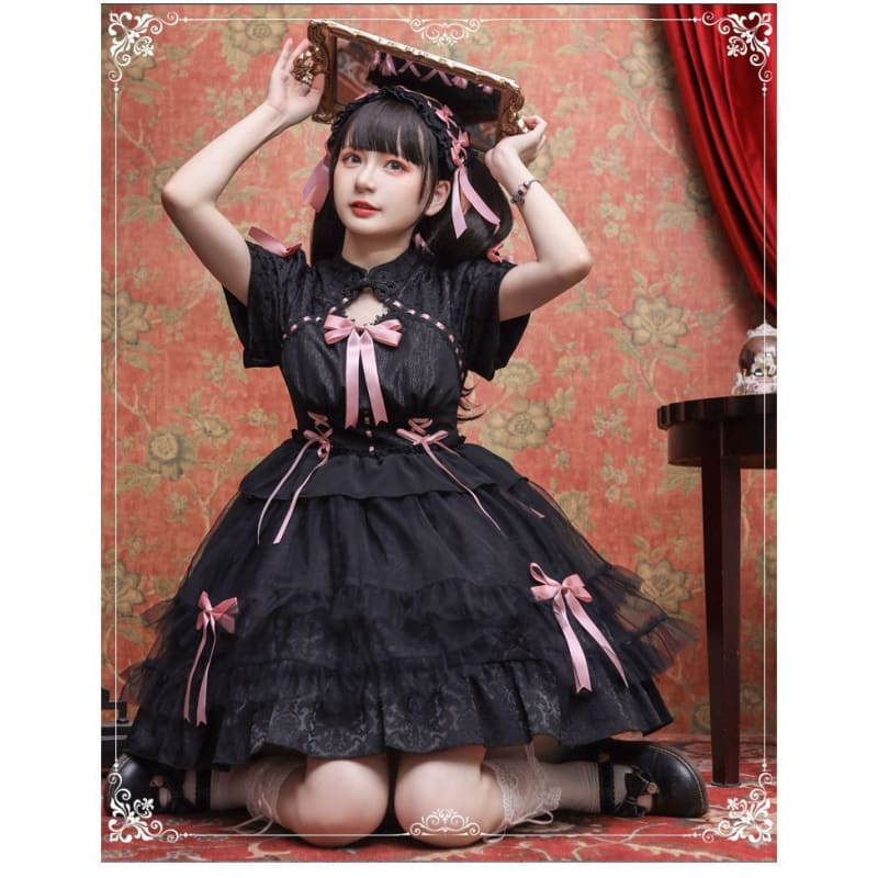 Lolita Short-Sleeve Band Collar Bow Accent Two Tone Lolita