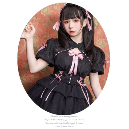 Lolita Short-Sleeve Band Collar Bow Accent Two Tone Lolita