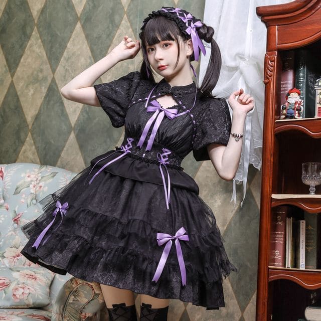 Lolita Short-Sleeve Band Collar Bow Accent Two Tone Lolita