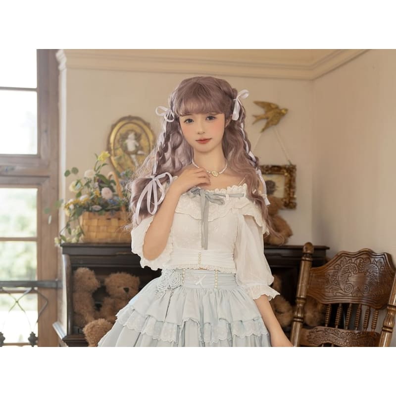 Lolita Short-Sleeve Cold Shoulder Bow Top / Mid Waist Mini