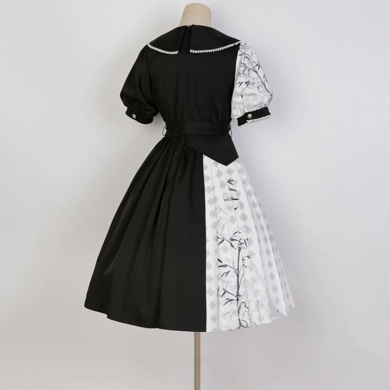 Lolita Short-Sleeve Collared Two Tone Pleated A-Line Dress