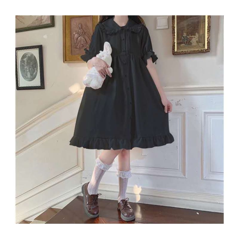 Lolita Short-Sleeve Frill Trim A-Line Shirt Dress