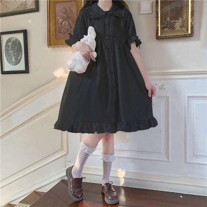 Lolita Short-Sleeve Frill Trim A-Line Shirt Dress - Black