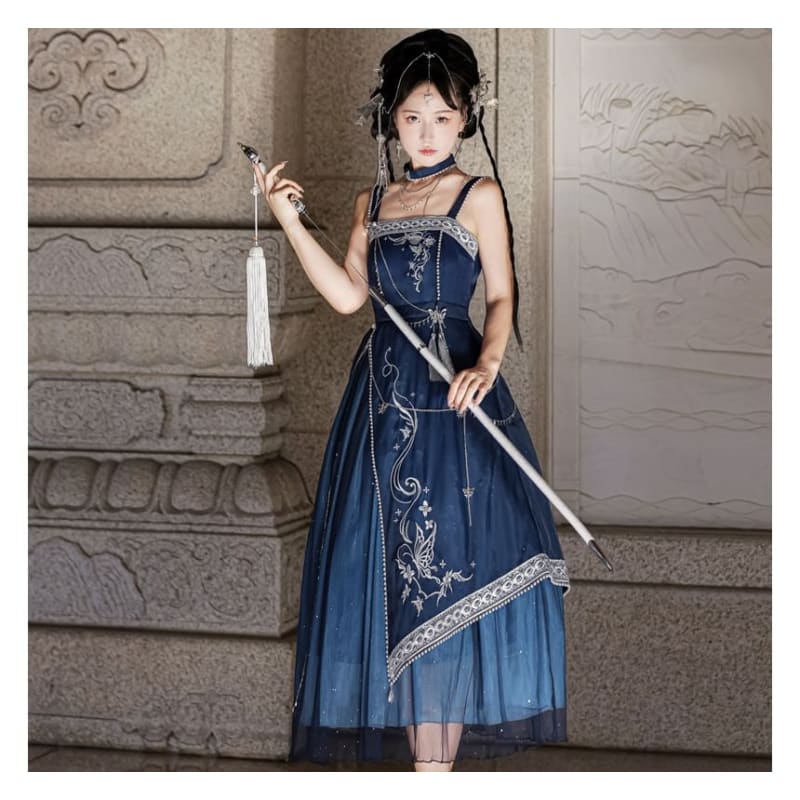 Lolita Spaghetti Strap Embroidered Hanfu Midi A-Line Dress