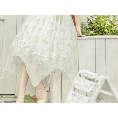 Lolita Spaghetti Strap Floral Print Midi Dress / Lace Shrug