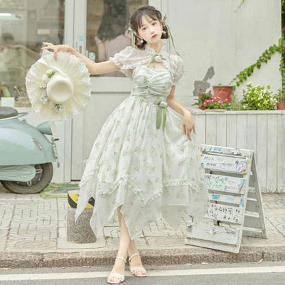 Lolita Spaghetti Strap Floral Print Midi Dress / Lace Shrug