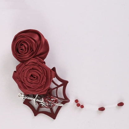 Lolita Spider Web Red Rosettes Hairclip - Red / Free Size