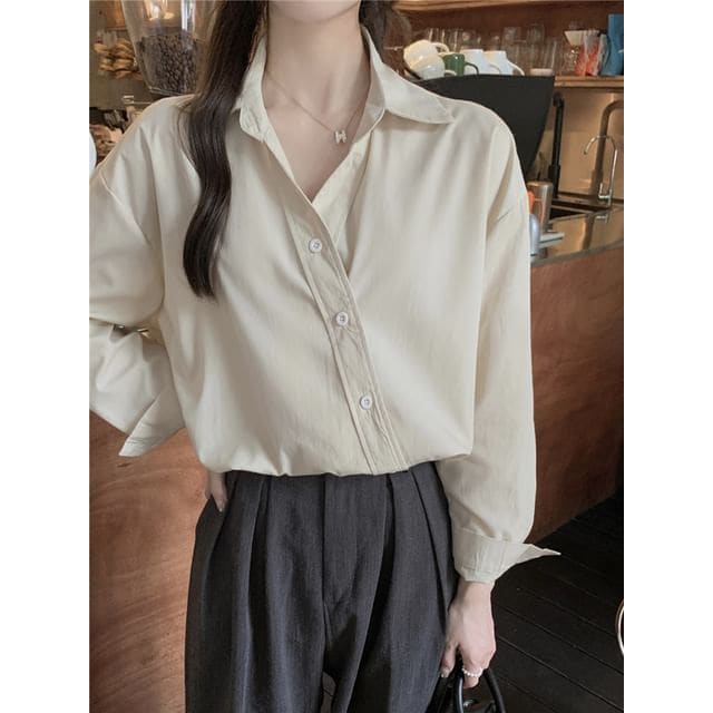 Long-Sleeve Asymmetrical Plain Shirt - Almond / One Size