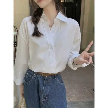 Long-Sleeve Asymmetrical Plain Shirt - White / One Size