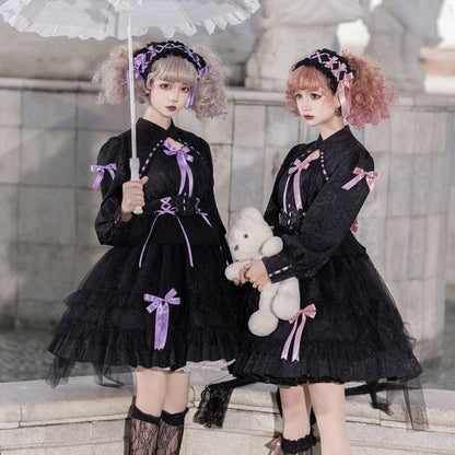 Long-Sleeve Band Collar Bow Two Tone Lolita A-Line Dress