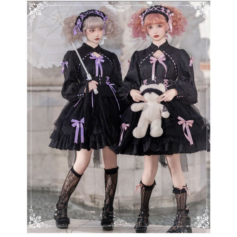 Long-Sleeve Band Collar Bow Two Tone Lolita A-Line Dress