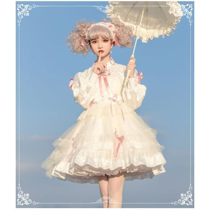 Long-Sleeve Band Collar Bow Two Tone Lolita A-Line Dress