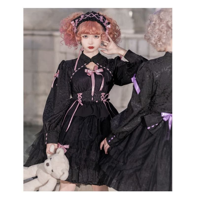 Long-Sleeve Band Collar Bow Two Tone Lolita A-Line Dress