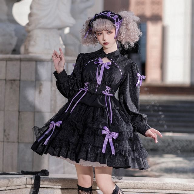 Long-Sleeve Band Collar Bow Two Tone Lolita A-Line Dress