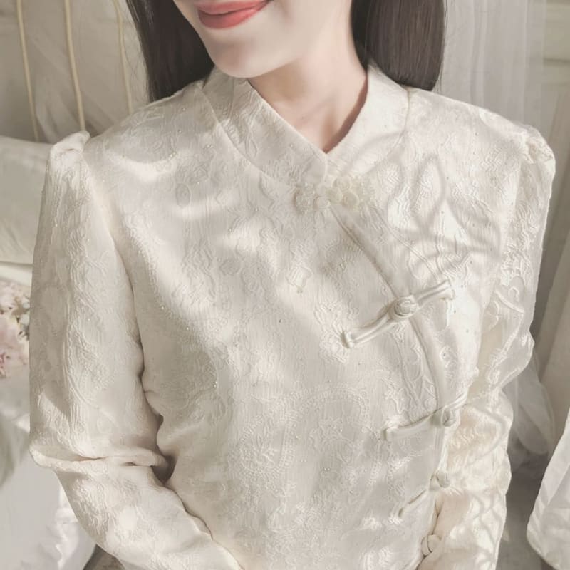 Long-Sleeve Band Collar Floral Fluffy Trim Qipao