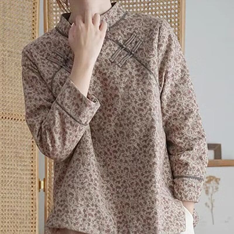 Long Sleeve Band Collar Floral Print Loose Hanfu Blouse