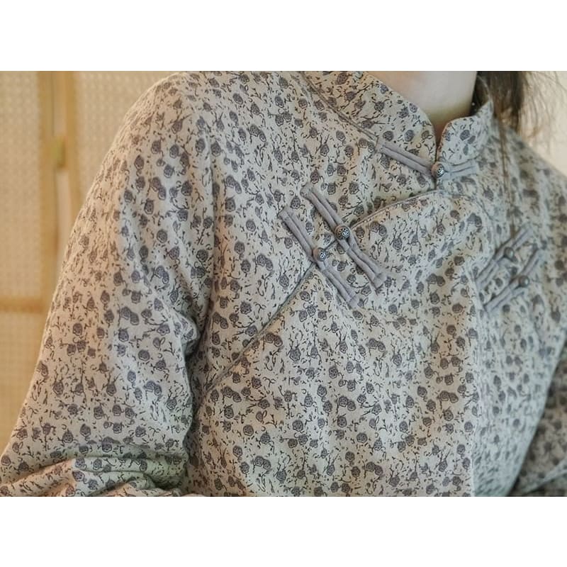 Long Sleeve Band Collar Floral Print Loose Hanfu Blouse