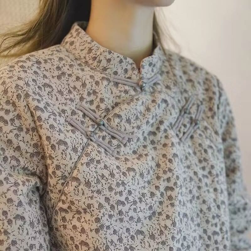 Long Sleeve Band Collar Floral Print Loose Hanfu Blouse