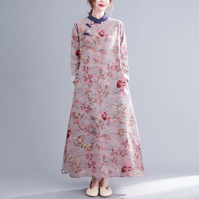 Long Sleeve Band Collar Floral Print Maxi Qipao - Floral