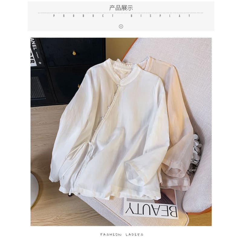 Long Sleeve Band Collar Plain Hanfu Blouse