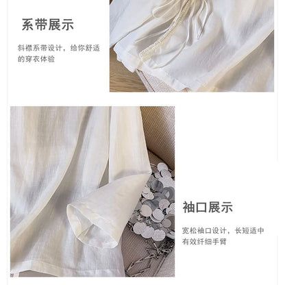 Long Sleeve Band Collar Plain Hanfu Blouse