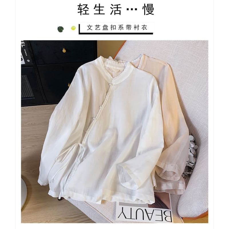 Long Sleeve Band Collar Plain Hanfu Blouse