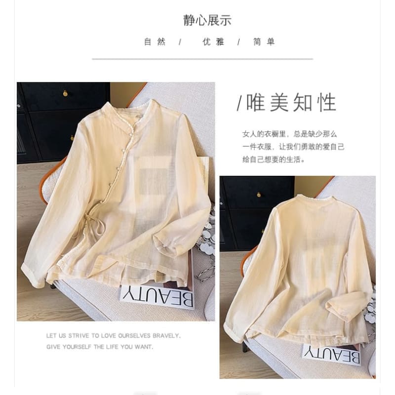 Long Sleeve Band Collar Plain Hanfu Blouse