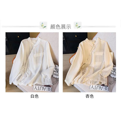 Long Sleeve Band Collar Plain Hanfu Blouse